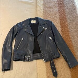 IRO Navy Leather Jacket with Silver Accents